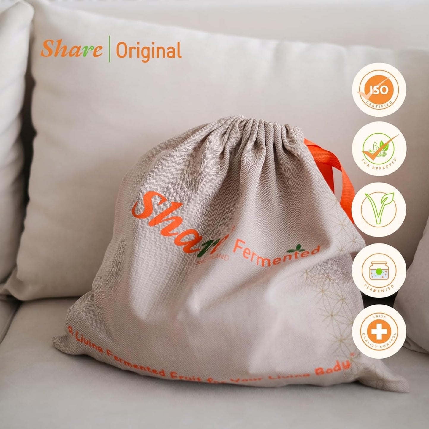 (90-Day Plan Fabric Eco-Bag) Share Original® Fermented Japanese Apricot/Plum 90-piece in Reusable Fabric Bag: 30+month Fermented w. Living Ingredients (Not Lab-Made), Vegan/Plant-Based; Lactose-Free (Made in Switzerland, Free Shipping)