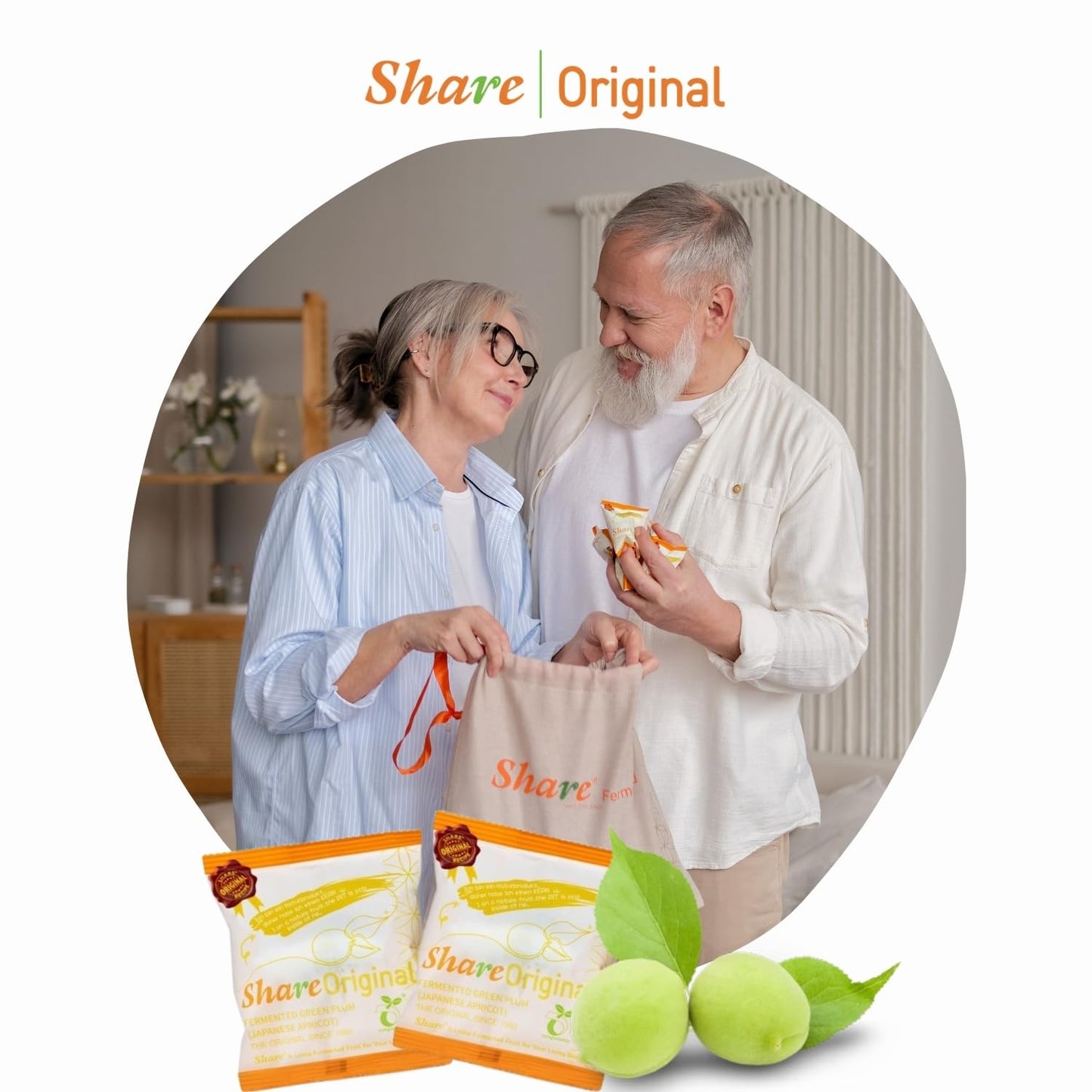 (100-day Jumbo Supply) Share Original® fermented plum/Japanese apricot 100-pc in reusable fabric bag: 30+month fermented w. enzymes & microorganisms; effective vegan alternative to lab-made laxatives/probiotic (Swiss-made, free shipping)